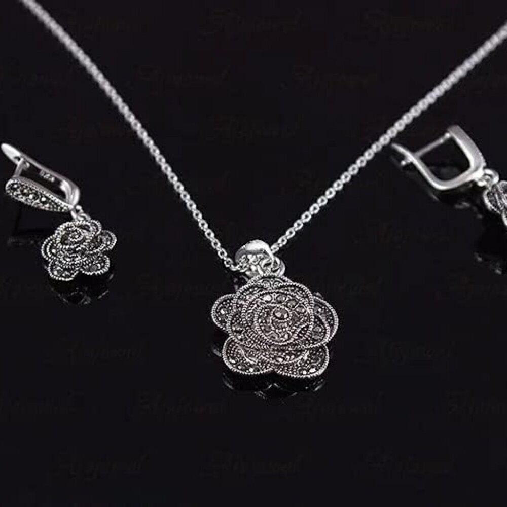 Vintage Black Crystal Geometric Rose Flower Necklace Earrings Jewelry Set - Picture 3 of 7